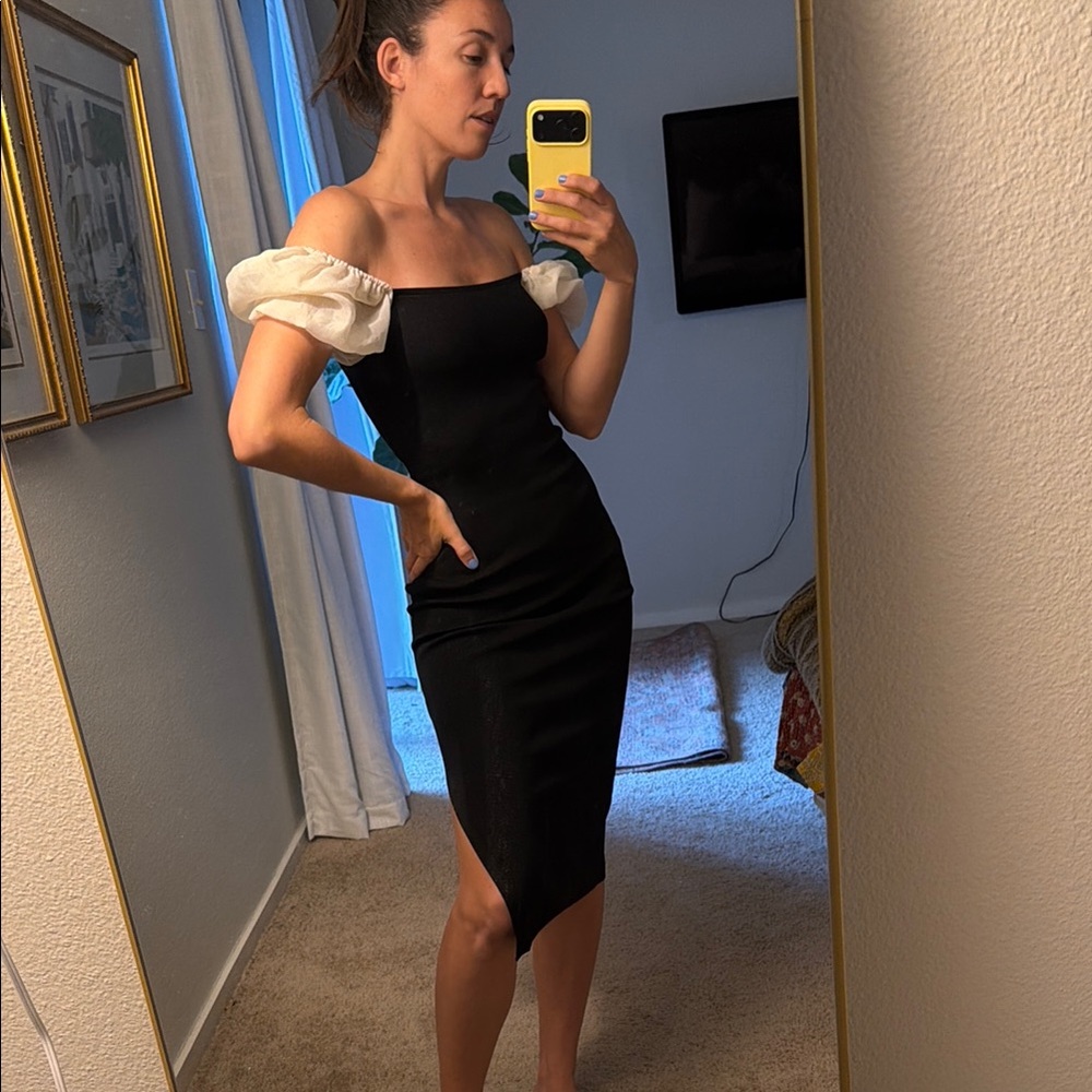 Black Off-Shoulder Puff Sleeve Midi Dress